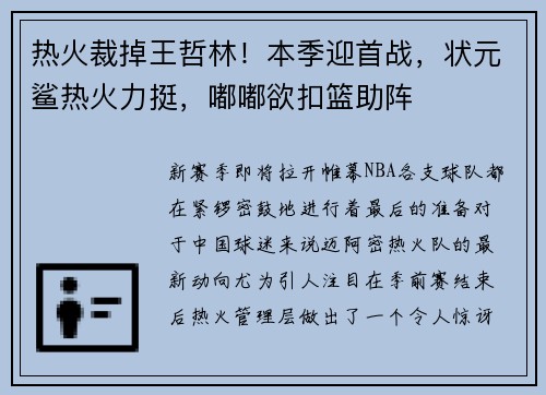 热火裁掉王哲林！本季迎首战，状元鲨热火力挺，嘟嘟欲扣篮助阵